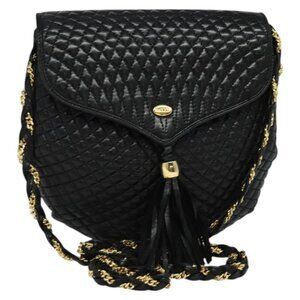 BALLY Chain Shoulder Bag Leather Black Gold Auth
